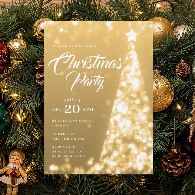 Convites Árvore de Natal Elegante de Ouro Festa de Natal (Elegant Gold Winter Christmas Tree Holiday Party Invitation)