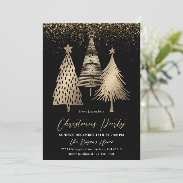 Convites Árvore de Natal Elegante Dourada com Brilho de Nev (Em pé/Frente)