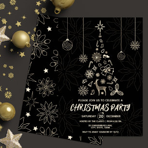 Convites Árvore de Natal Elegante Dourada e Preta Moderna