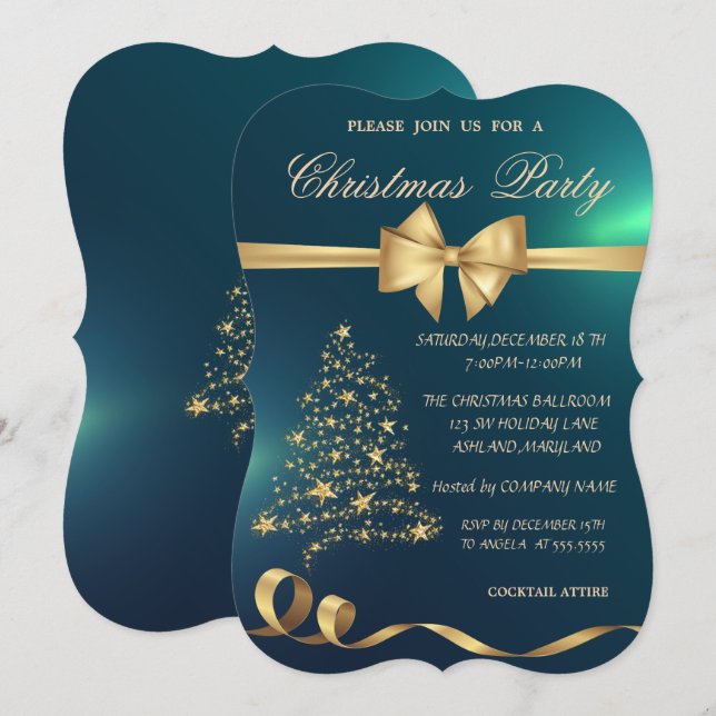 Convites Árvore de Natal Elegante, Laço, Festa de Natal Ver (Frente/Verso)