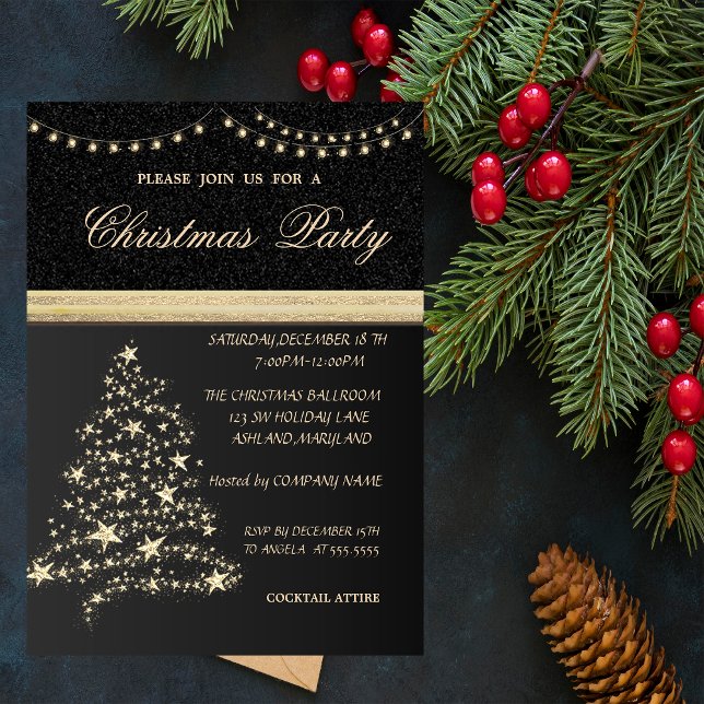 Convites Árvore de Natal Elegante,Preta,Festa de Natal (Criador carregado)