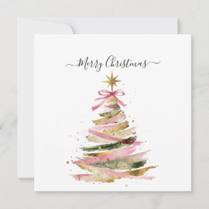 Convites Árvore de Natal em Aquarela Rosa e Dourada Elegant