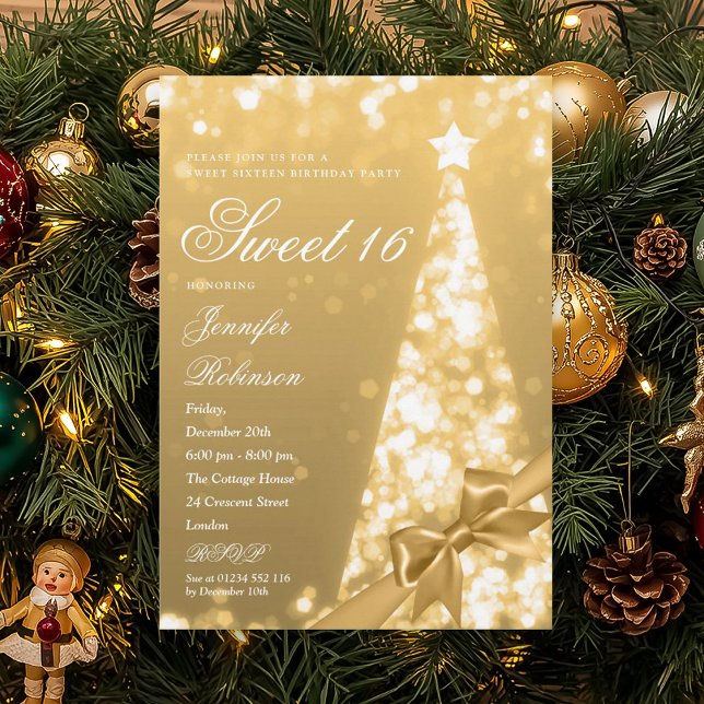 Convites Árvore de Natal em Dourado Moderno Arco de Festa d (Modern Gold Xmas Tree Bow Sweet 16 Birthday Party Invitation)
