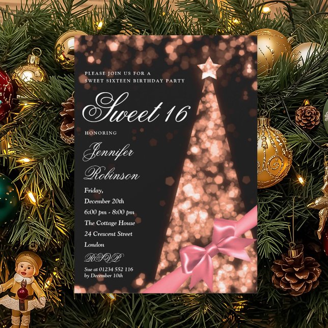 Convites Arvore de Natal em Dourado Rosa Moderno para Anive (Modern Rose Gold Xmas Tree Bow Sweet 16 Birthday Invitation)