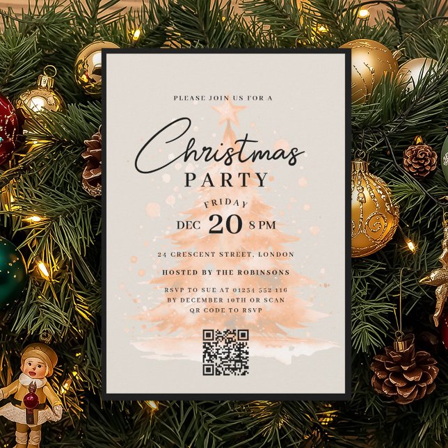 Convites Árvore de Natal em QR Dourado Rosa Festa de Natal (QR Rose Gold Christmas Tree Christmas Party Invitation)