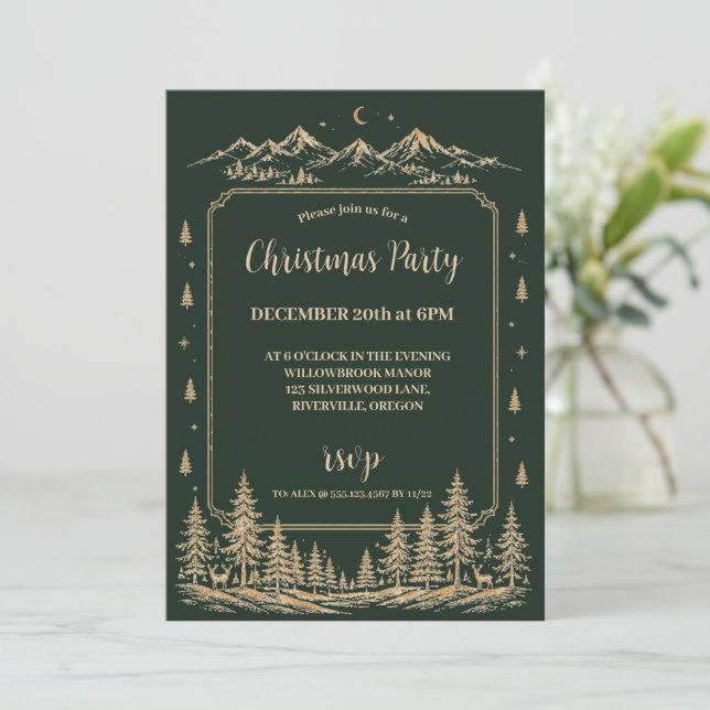 Convites Árvore de Natal Encantada a Ouro em Bosque (Em pé/Frente)