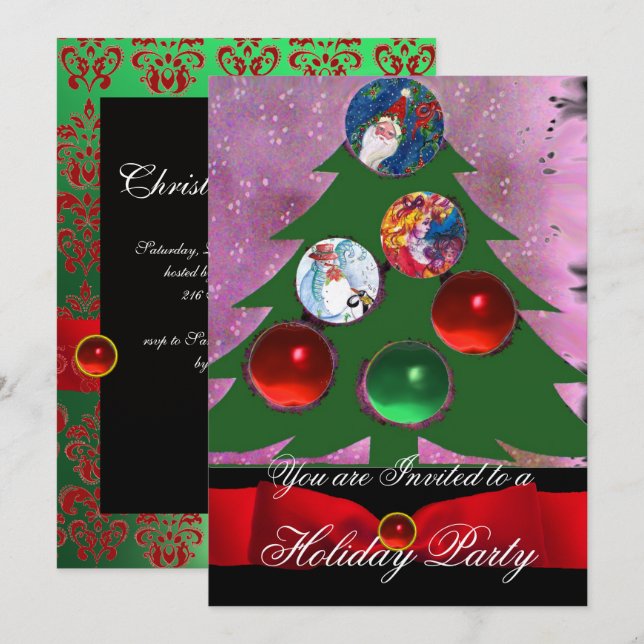 Convites Árvore de Natal, Festa de Férias Vermelho Verde (Frente/Verso)
