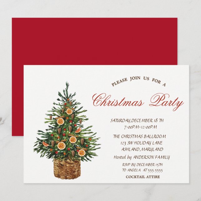 Convites Árvore de Natal, Festa de Natal Vermelha (Frente/Verso)
