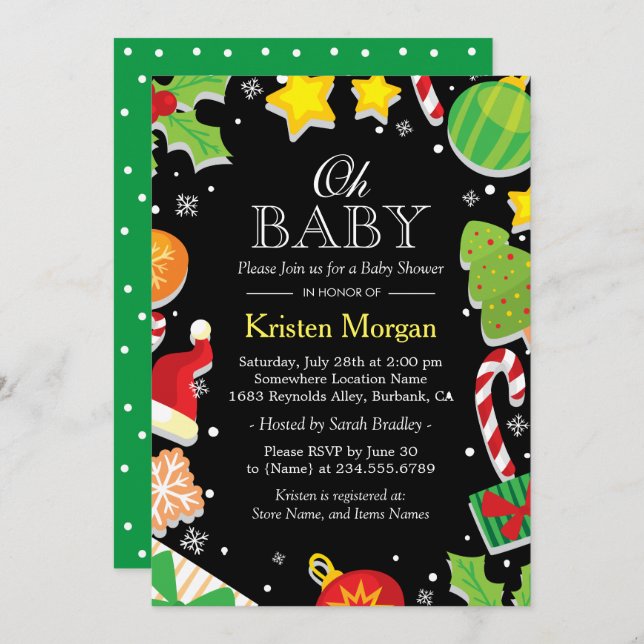 Convites Árvore de Natal Holly Berries Chá de fraldas (Frente/Verso)