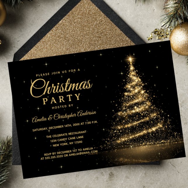 Convites Árvore de Natal Luz Brilho Dourado Festa de Natal (Criador carregado)