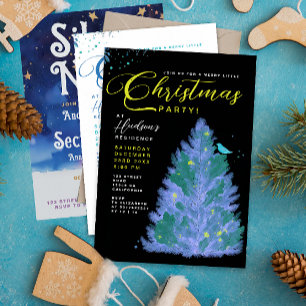 Convites Árvore de Natal Moderna Preta e Azul Festa de Nata