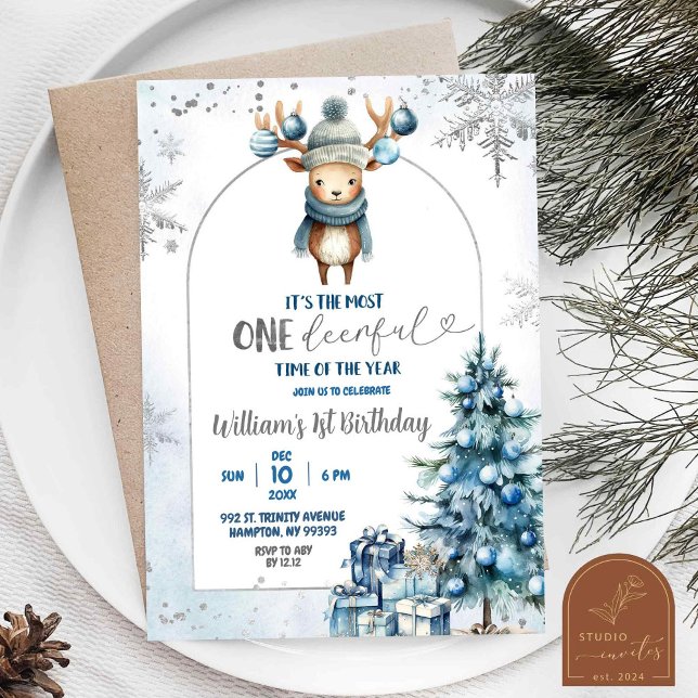 Convites Árvore de Natal Nevada Rena Primeiro Aniversário (Criador carregado)
