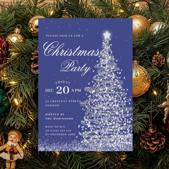 Convites Árvore de Natal Prata Naval Festa de Natal  (Silver Navy Winter Christmas Tree Holiday Party Invitation)