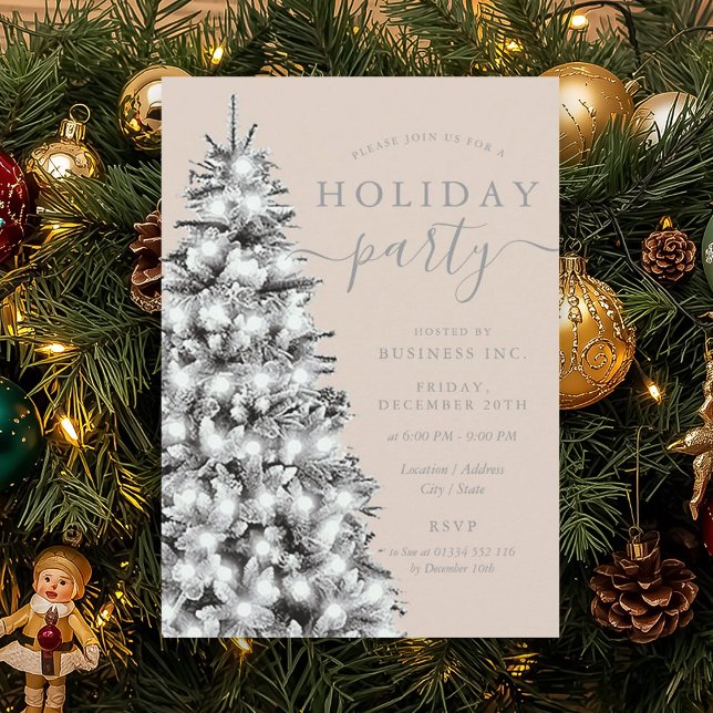 Convites Árvore de Natal Prateada Champanhe de Fim de Ano C (Silver Xmas Tree Corporate Holiday Champagne Invitation)