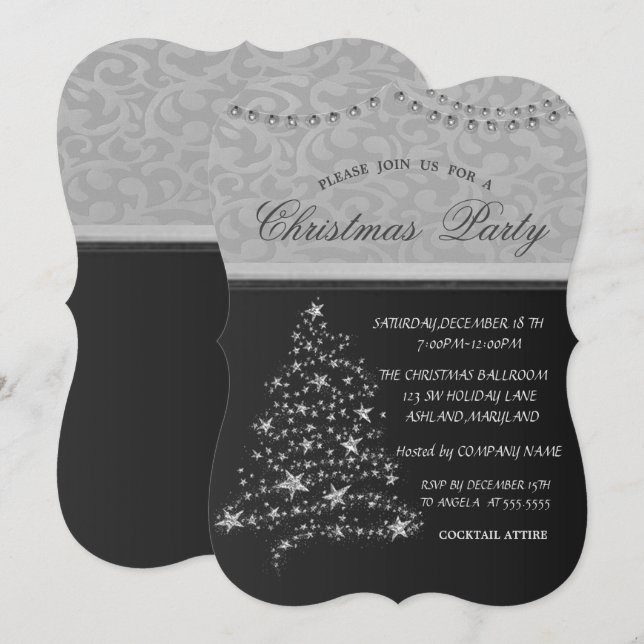 Convites Árvore de Natal Prateada Elegante,Festa de Natal (Frente/Verso)