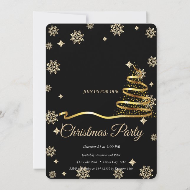 Convites Árvore de Natal Preta -Dourada Elegante (Frente)