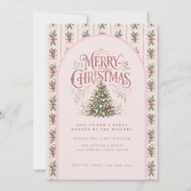 Convites Árvore de Natal Rosa Elegante (Frente)