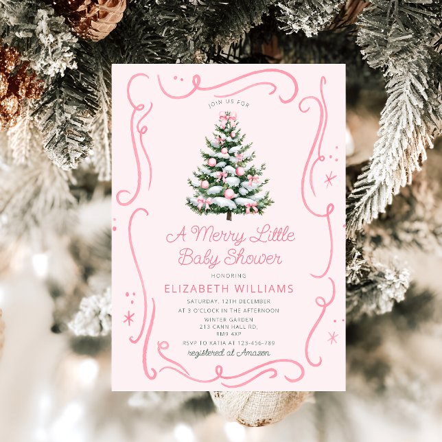 Convites Árvore de Natal Rosa Um Chuveiro de Bebê Feliz (Criador carregado)