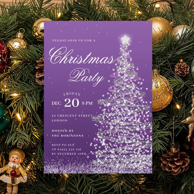 Convites Árvore de Natal roxa Festa de Natal de Inverno  (Purple Winter Christmas Tree Holiday Party Invitation)