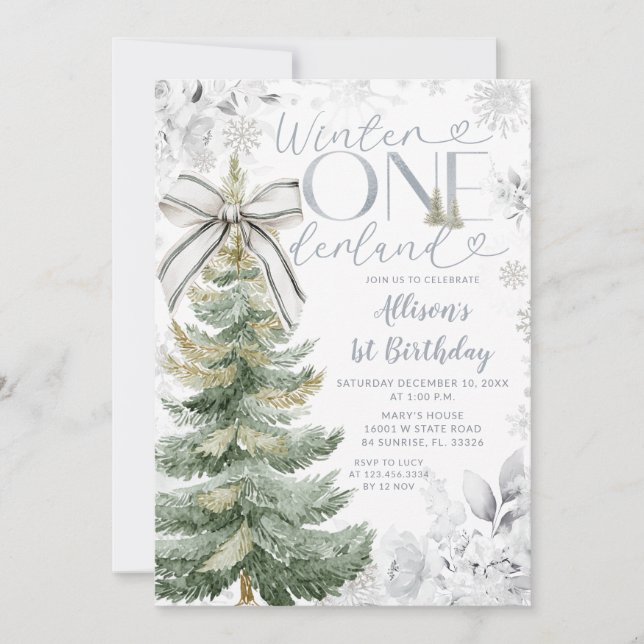 Convites Árvore de Natal Silver Winter ONEderland Aniversár (Frente)