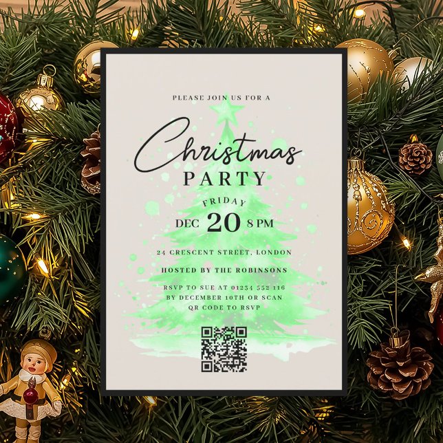 Convites Árvore de Natal Verde QR Festa de Natal (QR Green Christmas Tree Christmas Party Invitation)