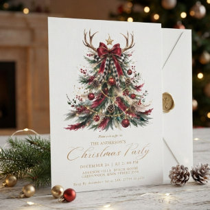 Convites Árvore de Natal Vermelha e Dourada Elegante Cervo