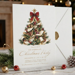 Convites Árvore de Natal Vermelha e Dourada Elegante de Inv