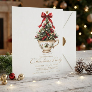 Convites Árvore de Natal Vermelha e Dourada Elegante de Inv