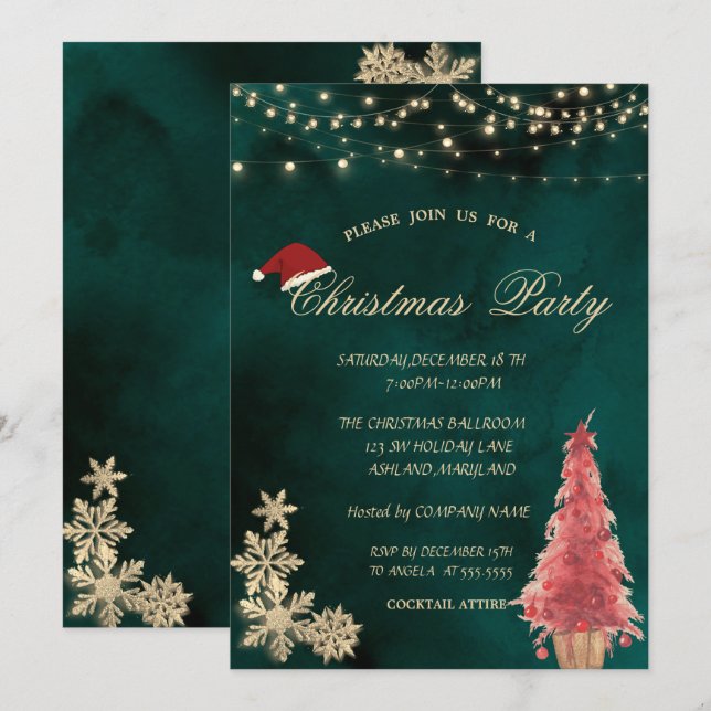 Convites Árvore de Natal Vermelha, Festa de Natal com Floco (Frente/Verso)
