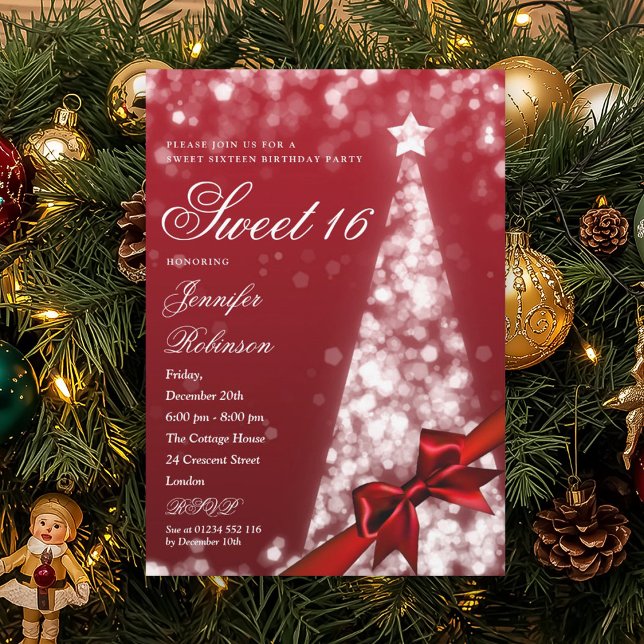 Convites Árvore de Natal Vermelha Moderna com Laço para Fes (Modern Red Xmas Tree Bow Sweet 16 Birthday Party Invitation)
