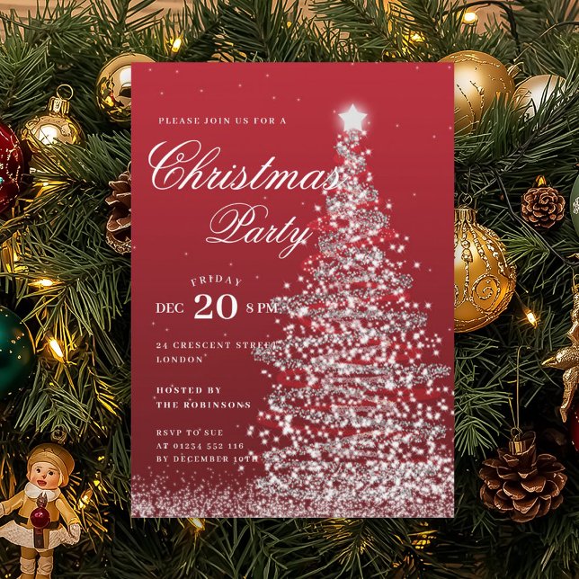 Convites Árvore de Natal Vermelha Prata Festa de Natal de I (Silver Red Winter Christmas Tree Holiday Party Invitation)