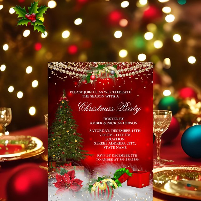 Convites Árvore de Natal Vermelho Dourado festa de Natal (Criador carregado)