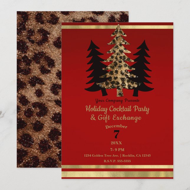 Convites Árvore de Natal Vermelho Dourado Leopardo Glam Fes (Frente/Verso)