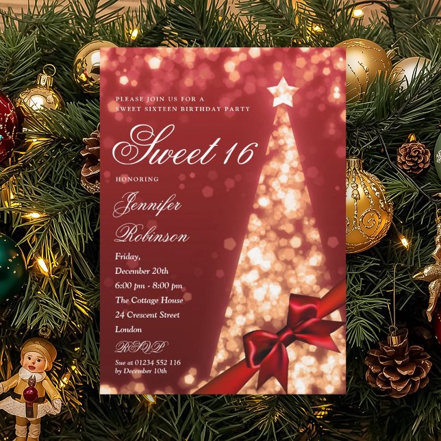 Convites Árvore de Natal Vermelho Dourado Moderno Arco de A (Modern Red Gold Xmas Tree Bow Sweet 16 Birthday Invitation)