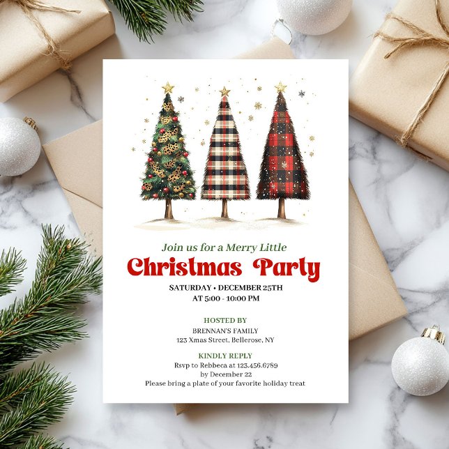 Convites Árvore de Natal xadrez de búfalo moderna para impr (Modern buffalo plaid Christmas tree printable invite)