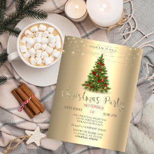 Convites Árvore de Pinheiro Elegante, Luzes de Natal Dourad