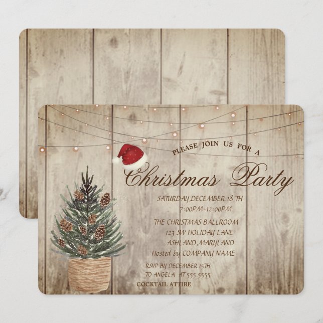 Convites Árvore de pinheiro,Luzes de Corda,Textura de Madei (Frente/Verso)