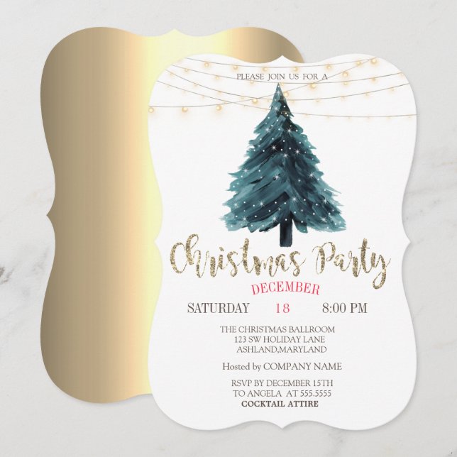 Convites Árvore de Pinheiro, Luzes Douradas Festa de Natal  (Frente/Verso)