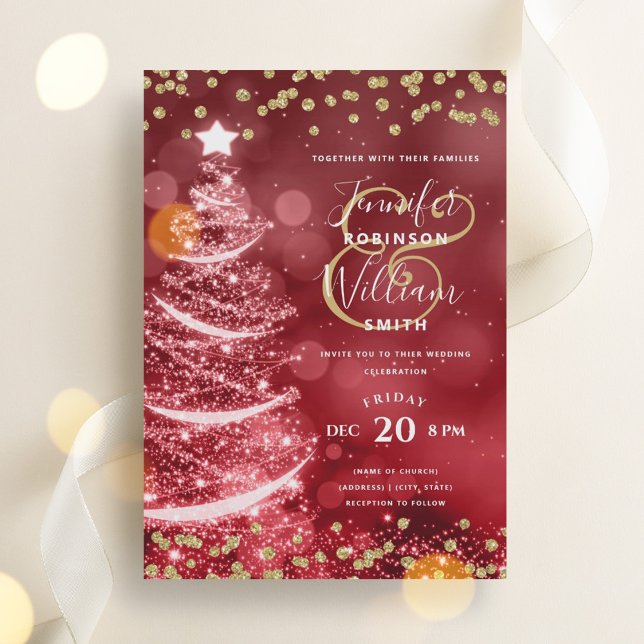 Convites Árvore de Sparkle de Casamento Vermelho Dourado de (Festive Christmas Gold Red Wedding Sparkle Tree Invitation)