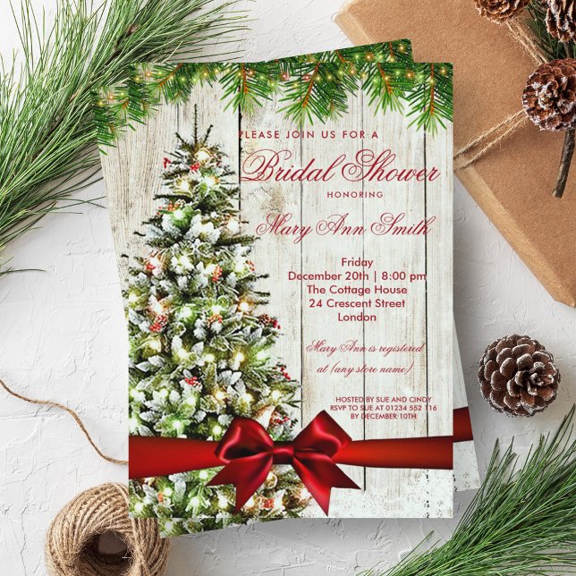 Convites Árvore e Faixa de Chás de panela de Natal Russas (Rustic Christmas Bridal Shower Tree & Ribbon Invitation)