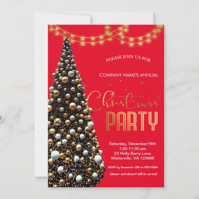 Convites Árvore festiva de Natal de ouro elegante, vermelha (Frente)