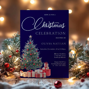 Convites Árvore Festiva Família Azul Marinho Festa de Natal