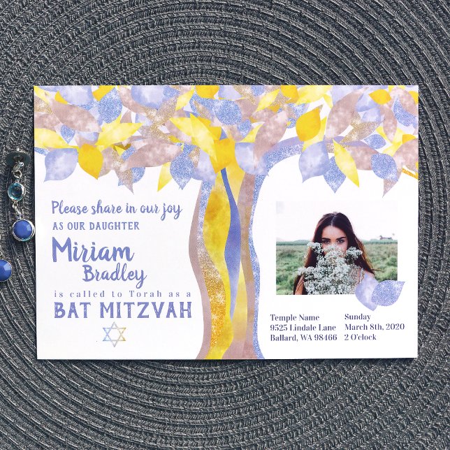 Convites Árvore Glitter Azul e Dourada de Vida Bat Mitzvah (light blue and gold twisted tree, tree of life bat mitzvah invitations)