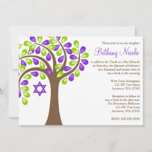 Convites Árvore Moderna da Vida Bat Verde Roxo Mitzvah