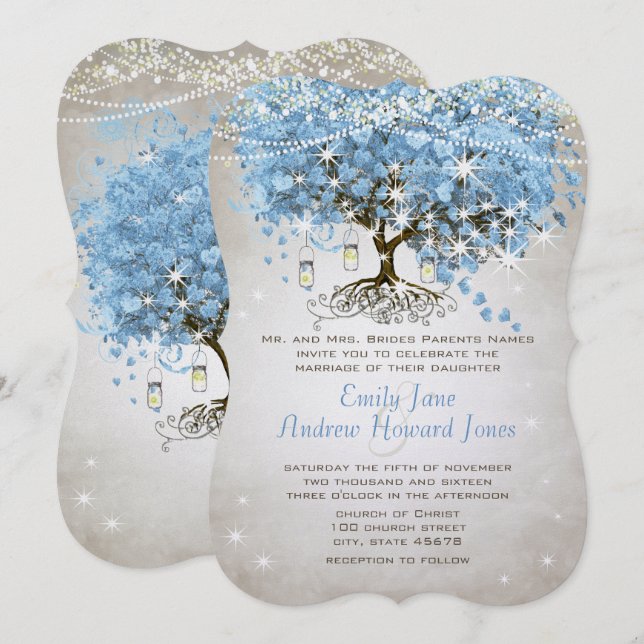 Convites Árvore Pó de Folha de Coração Azul (Frente/Verso)