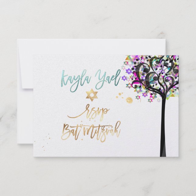 Convites Árvore RSVP PixDezines do Life Music Bat Mitzvah ✡ (Frente)
