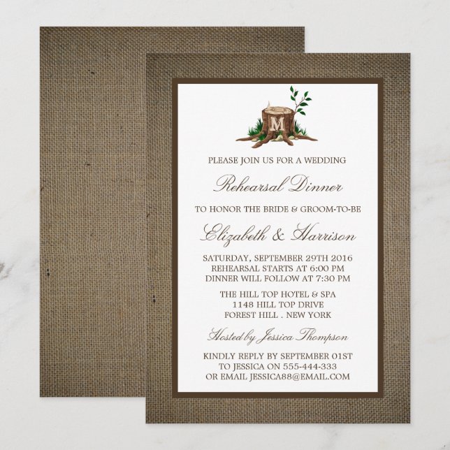 Convites Árvore Rústica De Monograma No Janto De Ensaio De  (Frente/Verso)