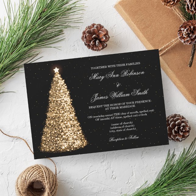 Convites Árvore Sparkle de Casamento de Natal Elegante Dour (Elegant Christmas Wedding Sparkle Tree Gold Invitation)