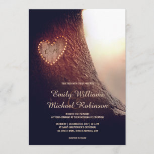 Convites Árvore talhada por corações, rústico e Casamento v