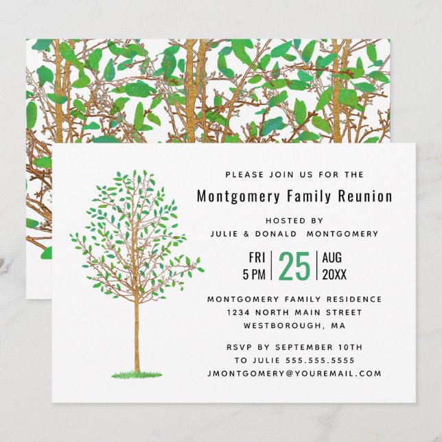 Convites Árvore Verde de Reunião Familiar Moderna de Aquare (Frente/Verso)